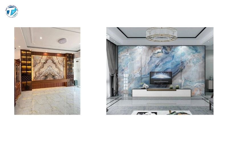 Tranh 3D phòng khách giả đá, giả gạch sang trọng